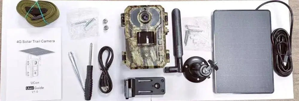 Simples Market EU 4G cellular trail camera kit with camouflage body, 2K, IP65 outdoor, solar panel and mounting gear