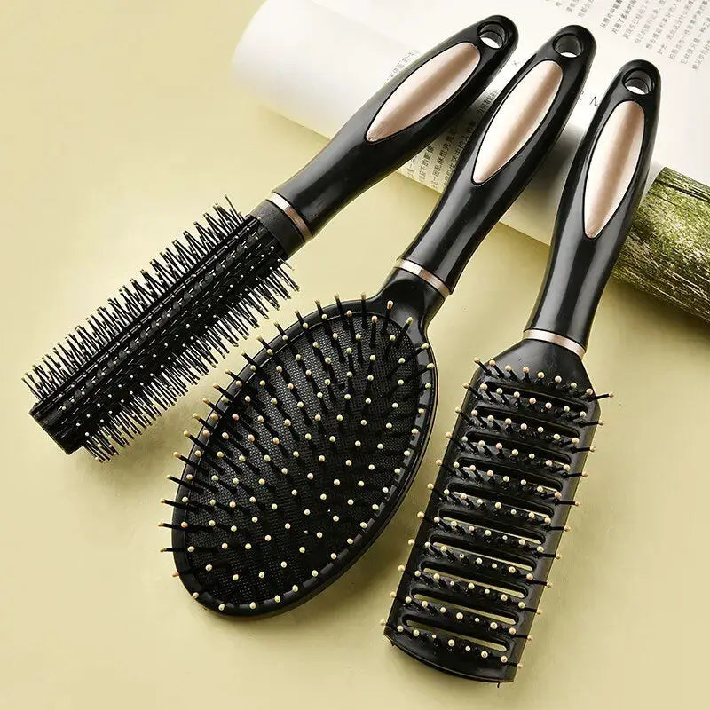 Hair brush set 3-pack: anti-static air-bag plastic massager brushes in black with beige tips