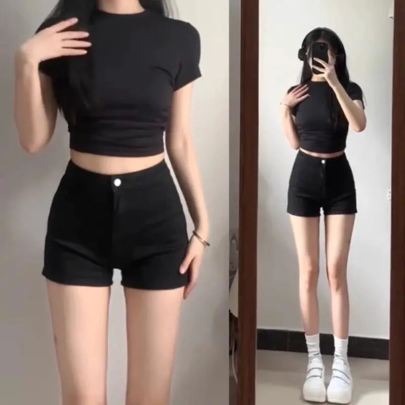 Black high-waisted shorts for women with a slimming, ultra-short fit; casual summer bottoms