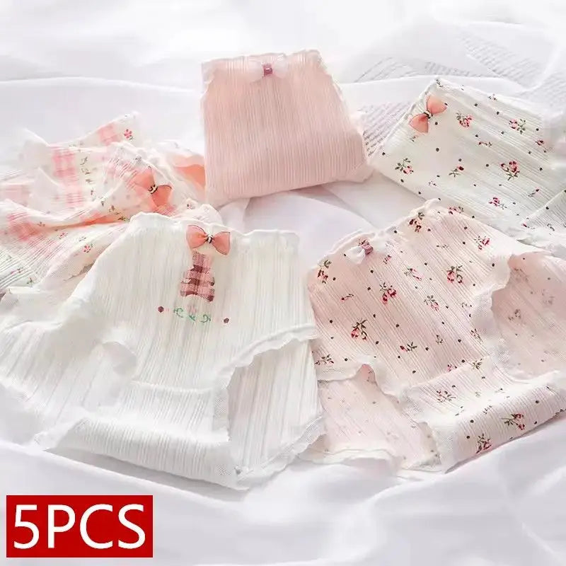 5-piece set of pure cotton mid-waist women's panties with lace and bow accents in pastel floral and solid colors