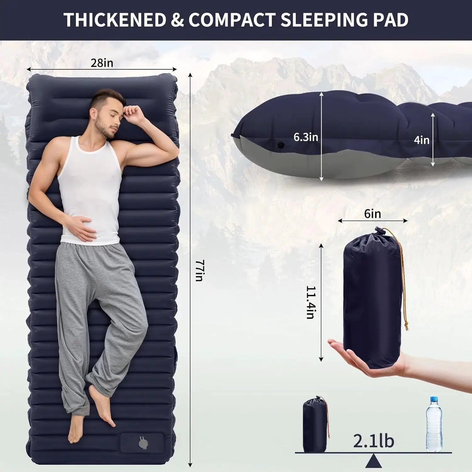 Extra Thick 4 Inch Camping Sleeping Pad navy by Simples Market, self-inflating 77in x 28in
