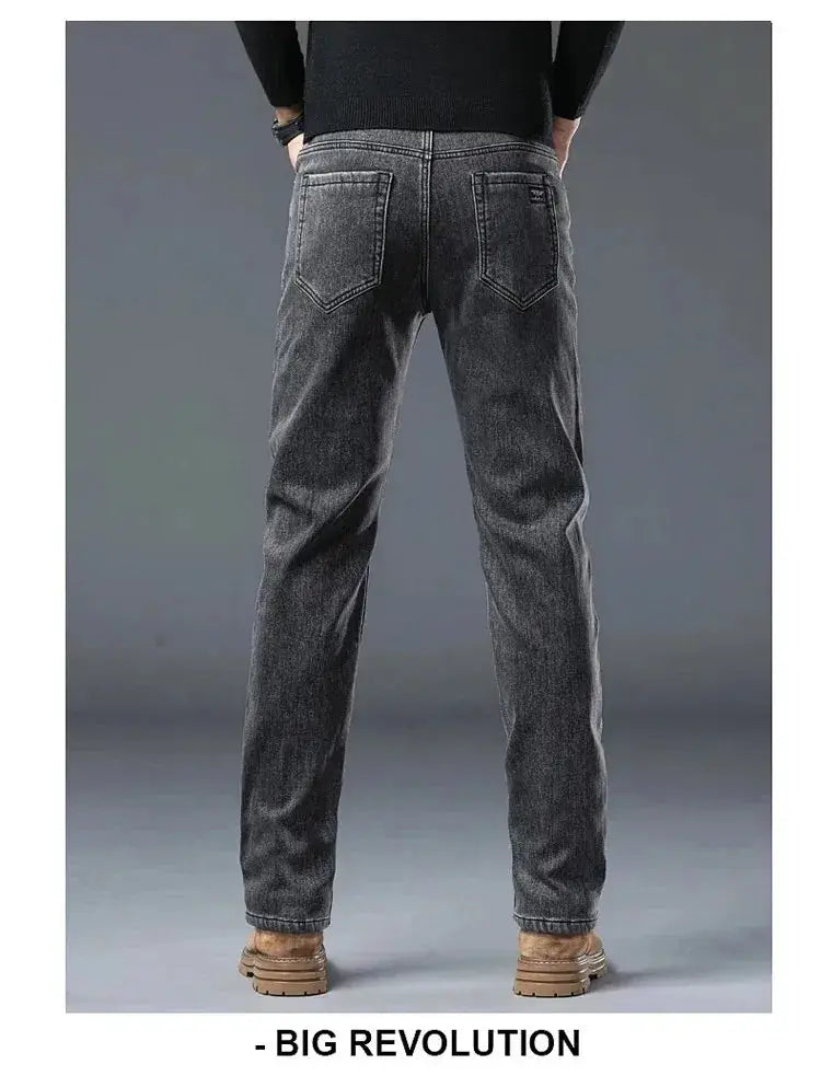 Men's black straight-leg denim jeans with warm fleece lining and back patch pockets