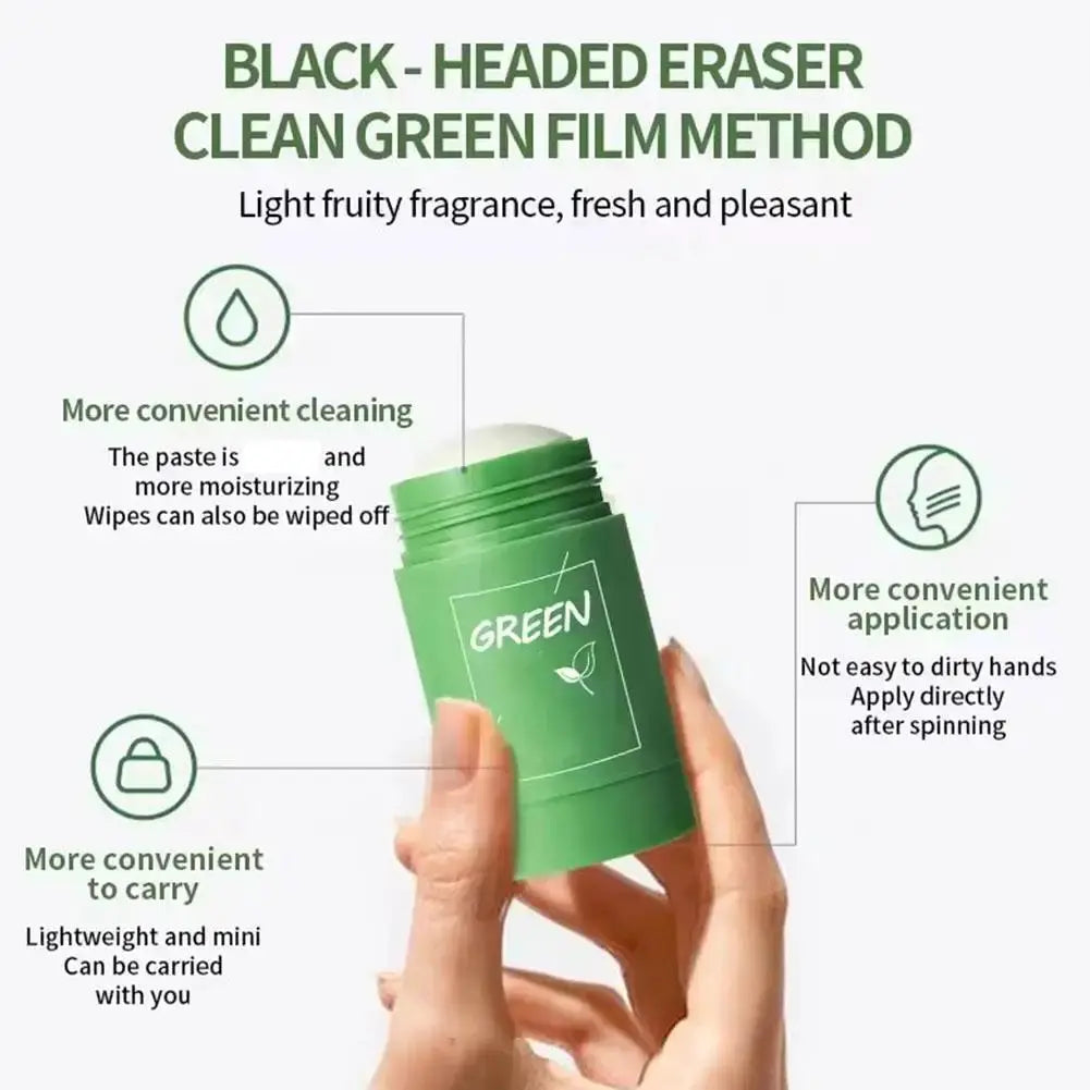 Green tea clay mask stick for face by Simples Market in a green tube; portable, easy application.