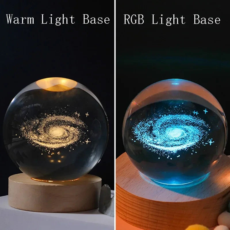 3D crystal ball night light by Simples Market with solar system engraving on wooden base; warm and RGB light options.