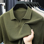 Men's olive green 100% cotton knitted polo shirt with textured knit, short sleeves, Simples Market