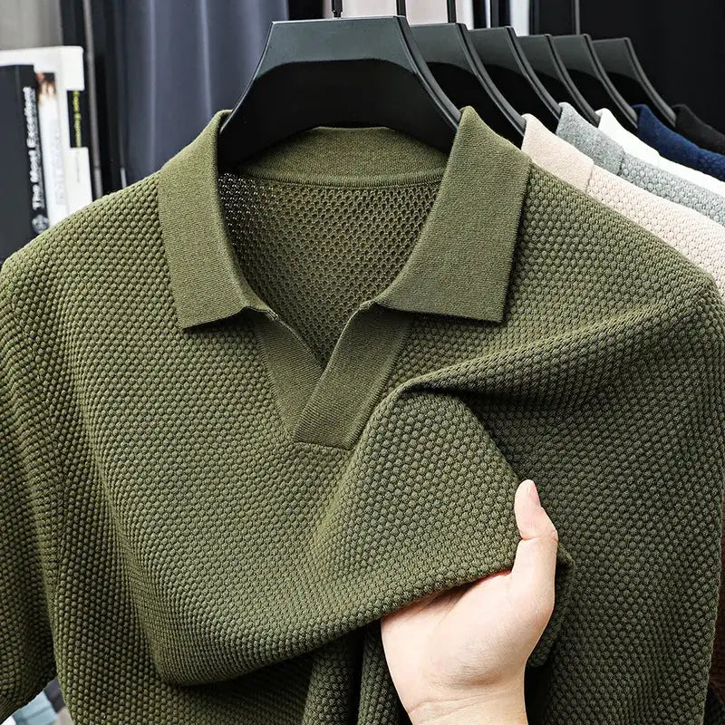 Men's olive green 100% cotton knitted polo shirt with textured knit, short sleeves, Simples Market