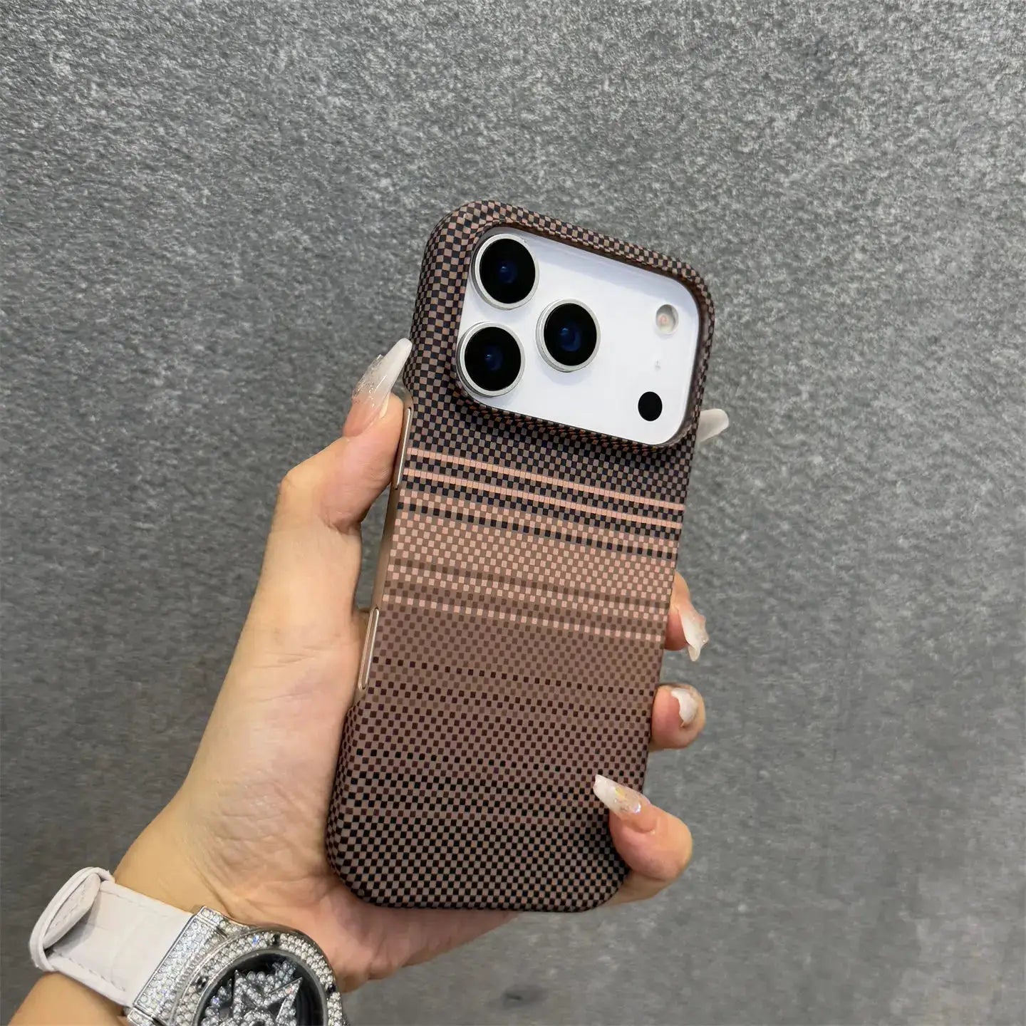 Simples Market frameless carbon fiber Kevlar MagSafe iPhone case with brown checker texture