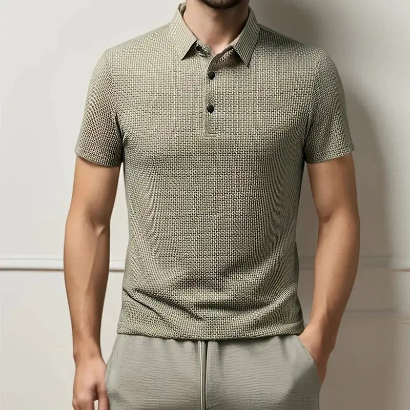 Men's polo shirt by Simples Market in bone beige with short sleeves and breathable textured knit.