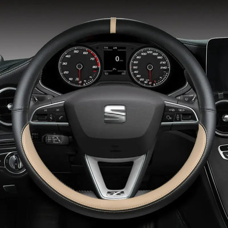 Microfiber leather steering wheel cover for Seat, tan and black, 38cm, non-slip