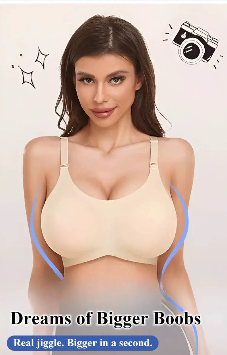 Silicone breast forms in nude color worn by a model for cosplay and mastectomy use.