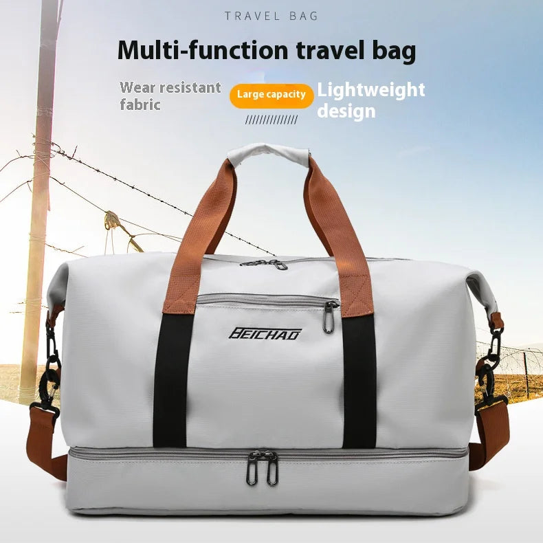 Travel gym bag with large capacity; grey fabric, tan handles, black crossbody straps, BEICHAD logo