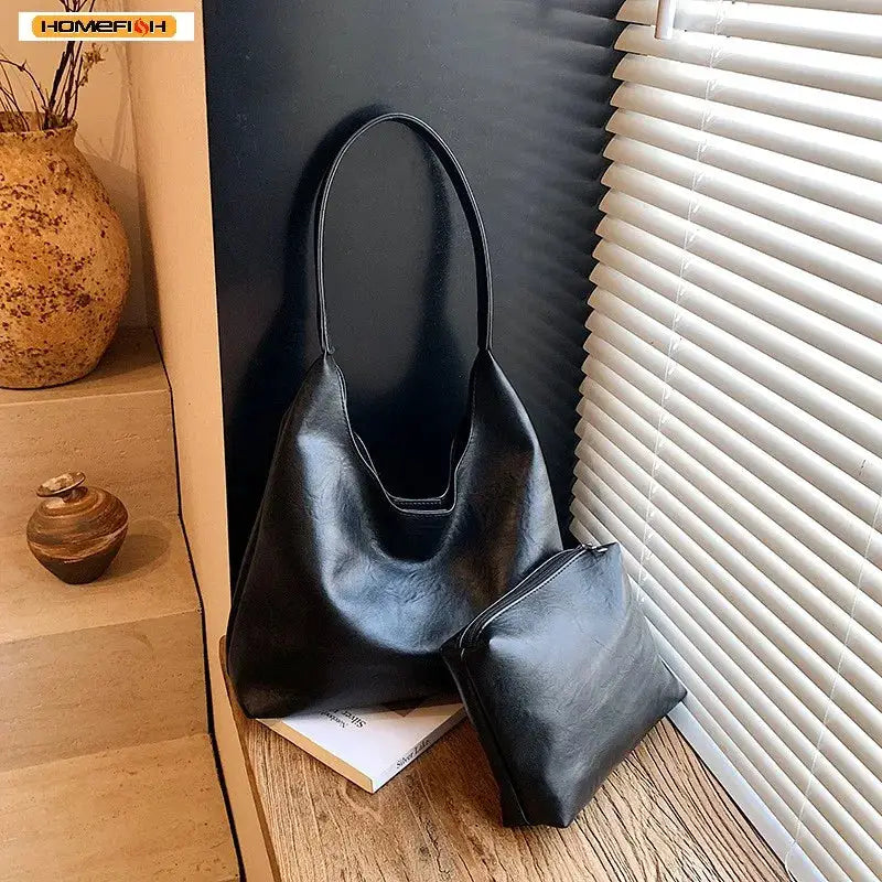 Homefish Spacious PU Leather Tote Bag With Retro Design For Everyday Use Durable Shoulder Bag