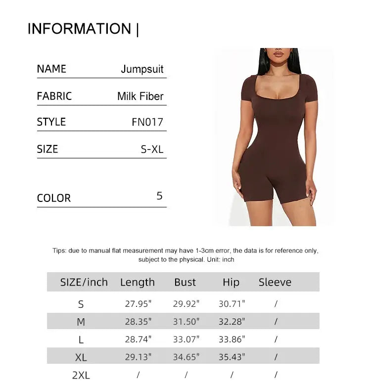 Jumpsuit for women by Simples Market, brown short-sleeve U-neck, solid color, polyester