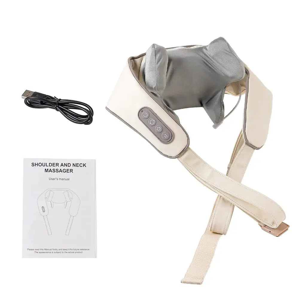 Foreverlily 26W neck and shoulder massager by Simples Market; beige shawl massager with grey cushion, USB cable, manual
