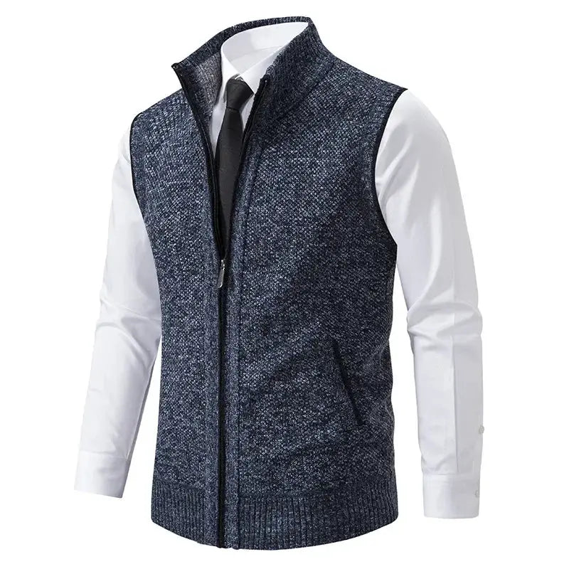 Men's knitted sleeveless zippered sweater vest in navy with stand collar and side pockets