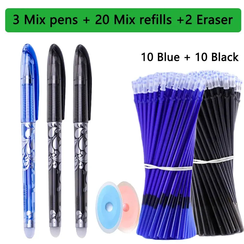 Simples Market 25-piece erasable gel pen set with 3 mixed pens, 20 refills, and 2 erasers; blue and black