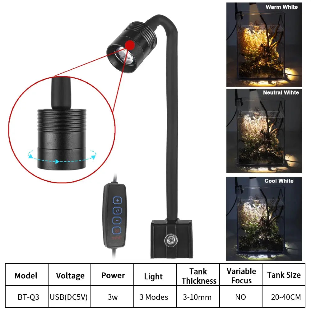 USB Powered Aquarium Light Clip On LED 3W Grow Light For Fish Tank Waterproof Aquatic Plant Lighting