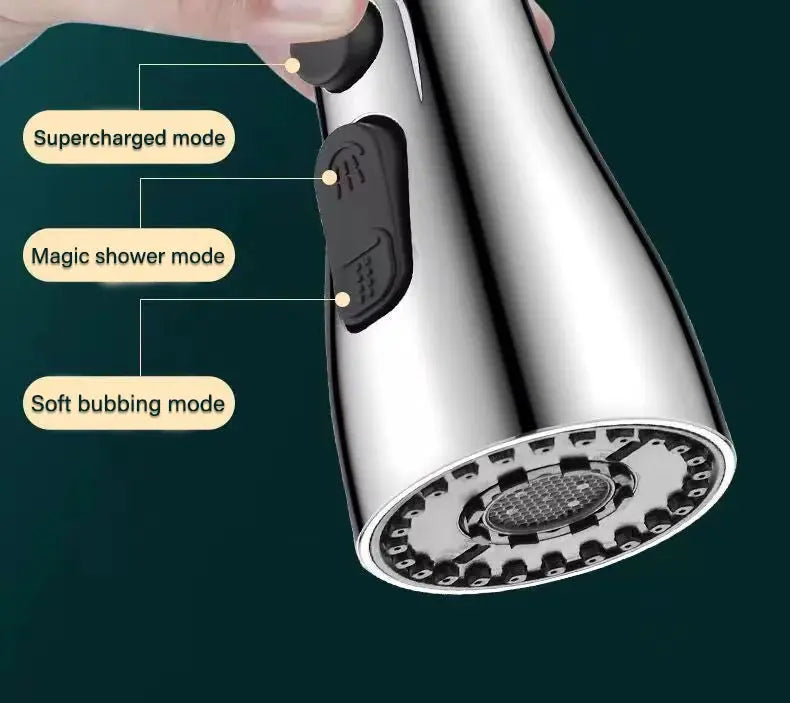 Simples Market 3-in-1 Kitchen Faucet Extender, chrome finish, 360° pull-out spray with modes: supercharged, magic shower, soft bubbling.