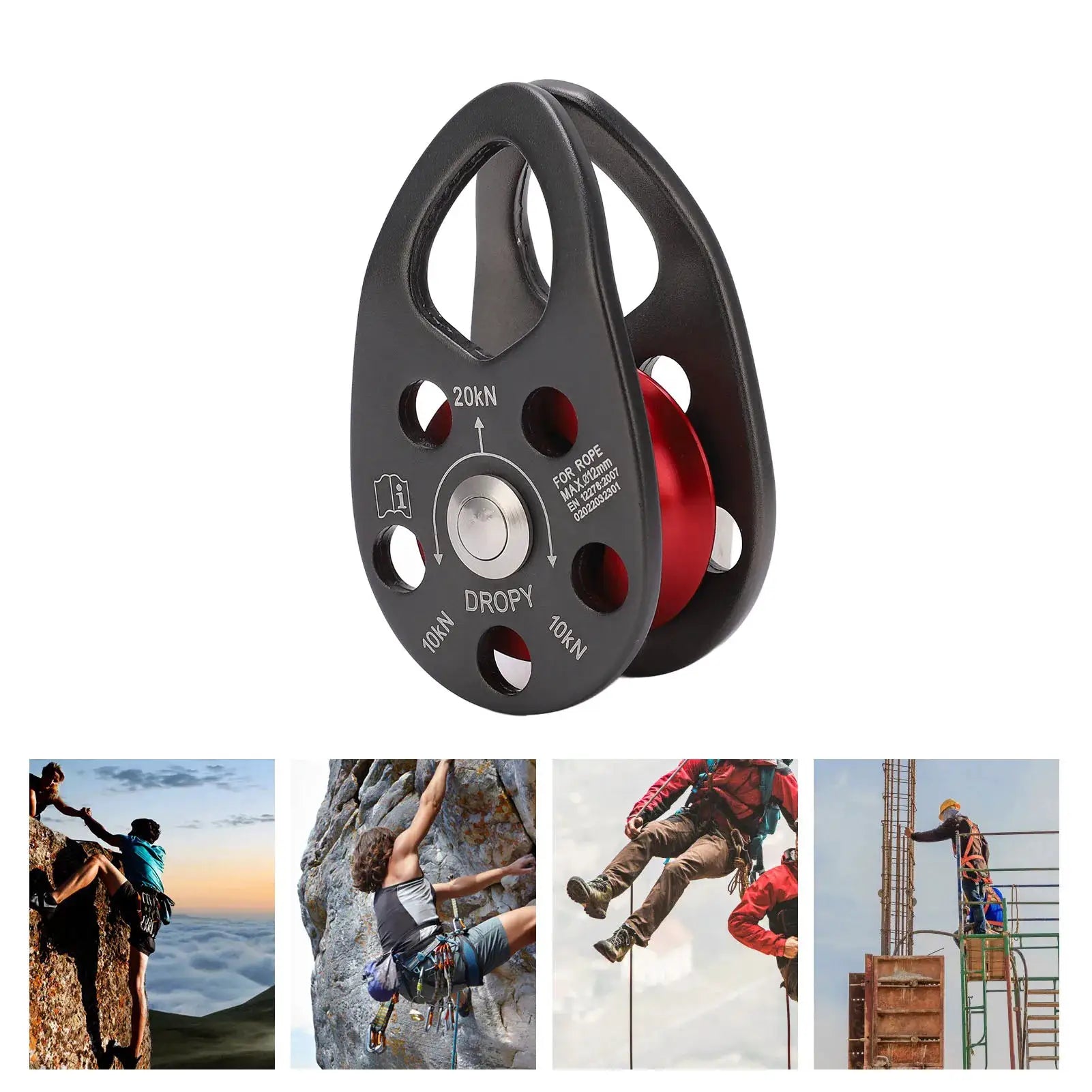 Portable climbing pulley with black aluminum body and red pulley wheel