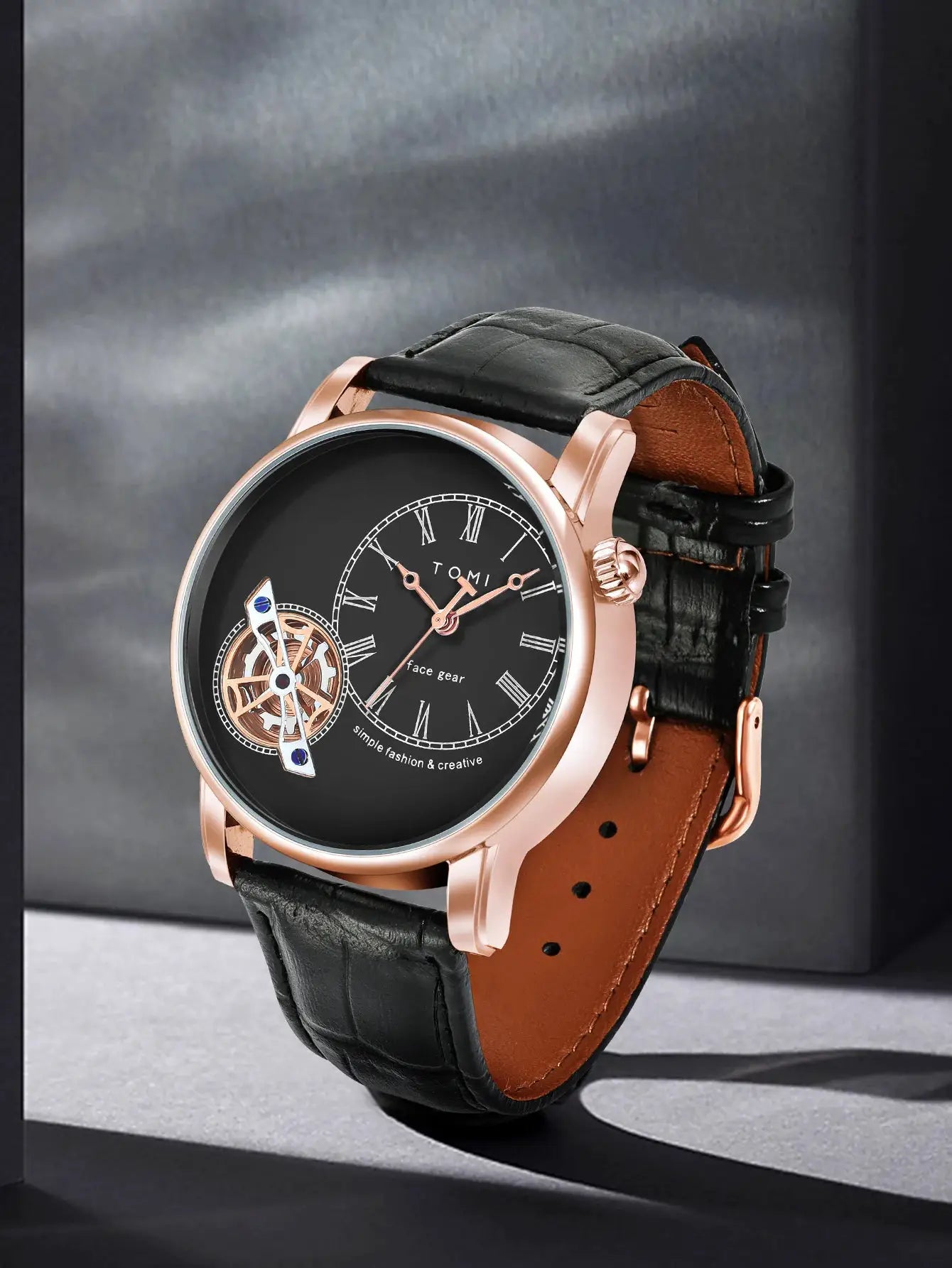 TOMI men's quartz watch with rose-gold case, black dial with Roman numerals and a two-tone black-brown leather strap