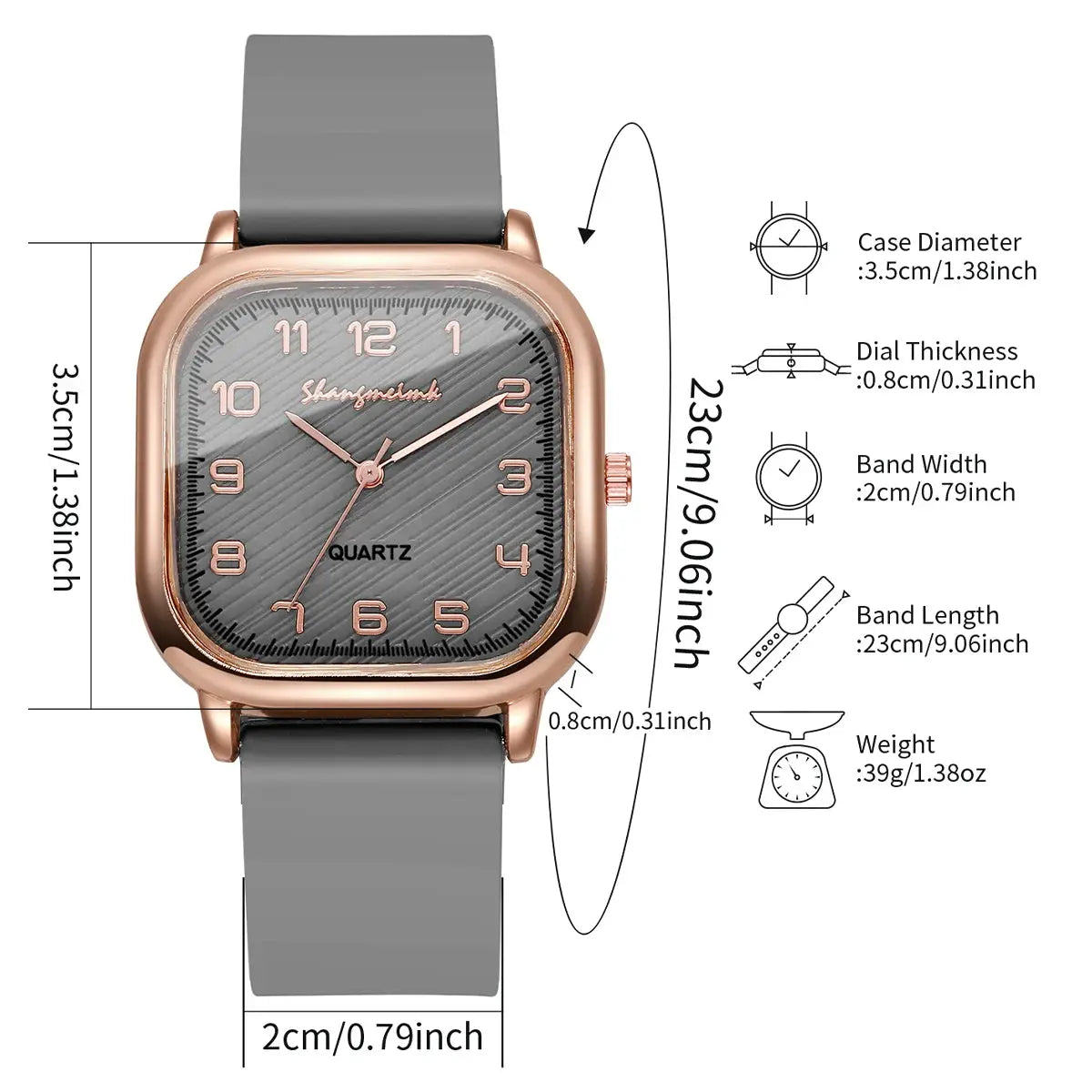 Watch by Simples Market: square rose-gold case, grey dial with pink numerals, and grey silicone strap.