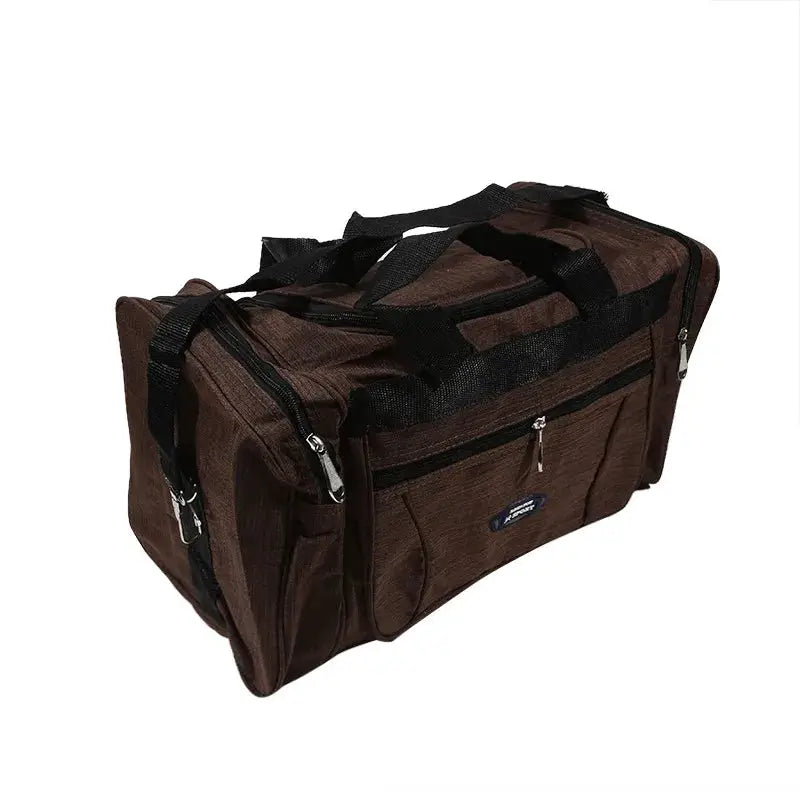 Oxford waterproof travel bag by Simples Market, brown duffel with multiple zip pockets and black handles