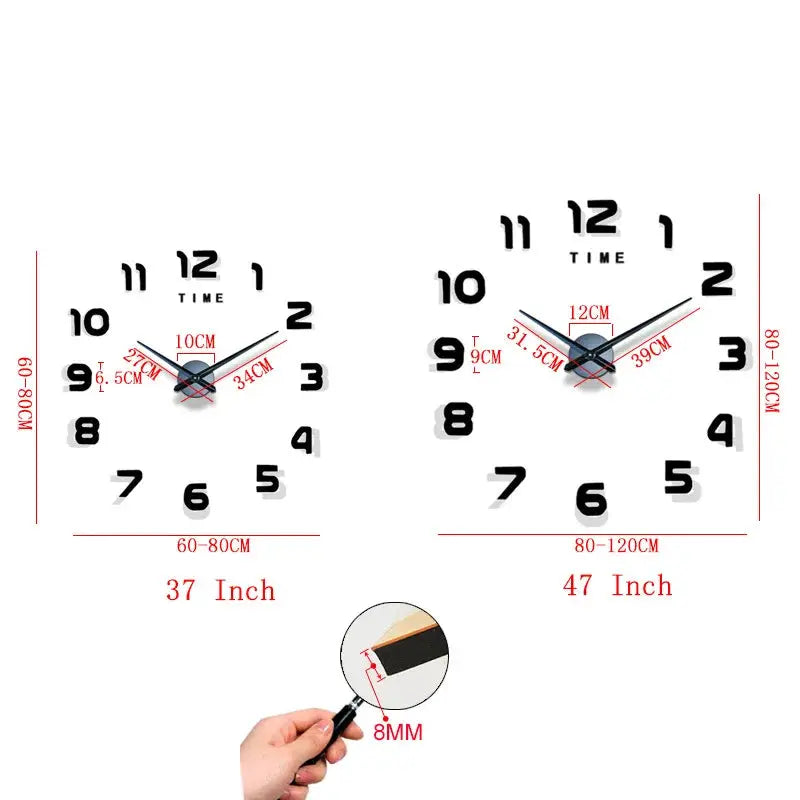 Two large wall clocks, 37- and 47-inch, with 3D DIY design, acrylic mirror stickers, and black numerals.
