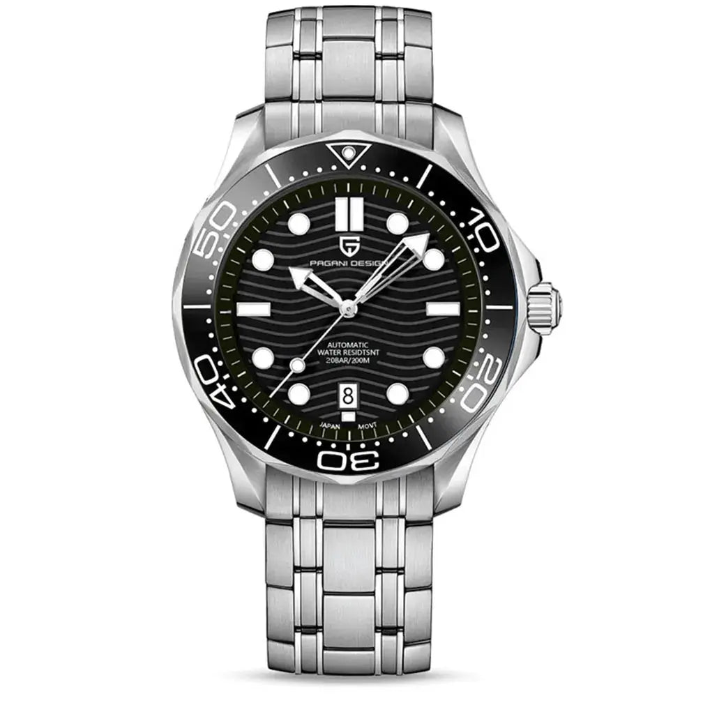 Pagani Design men's stainless steel automatic dive watch with black dial and AR sapphire crystal