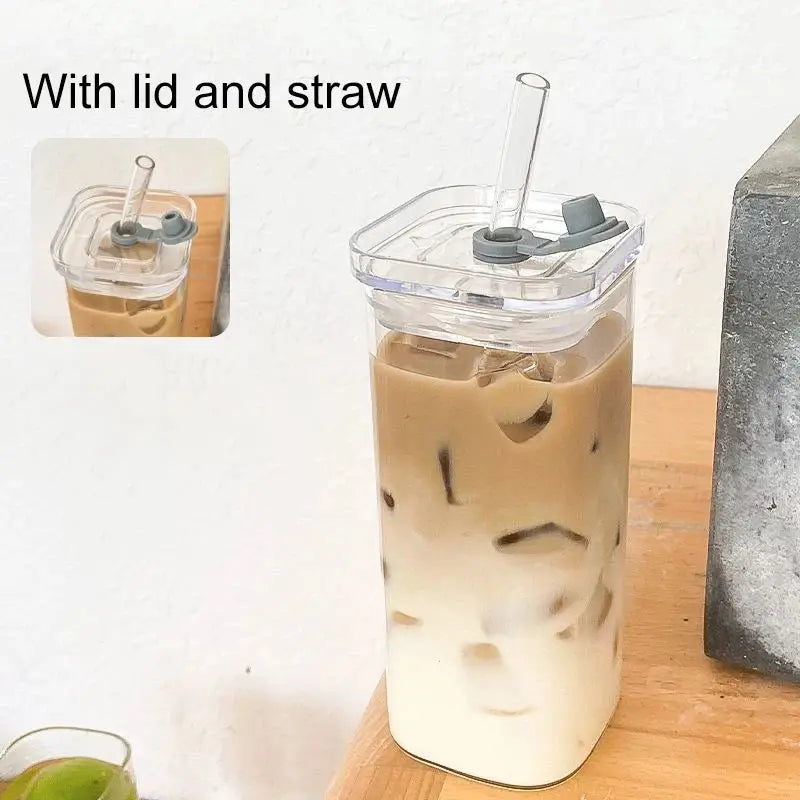 Square Heat Resistant Glass Transparent Cups With Lids And Straws Set Of 1 2 4 6 For Coffee Milk Tea Juice Mug