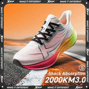 Xtep 2000KM 3.0 men's running shoes, white mesh with gradient pink-to-green sole, cushioning