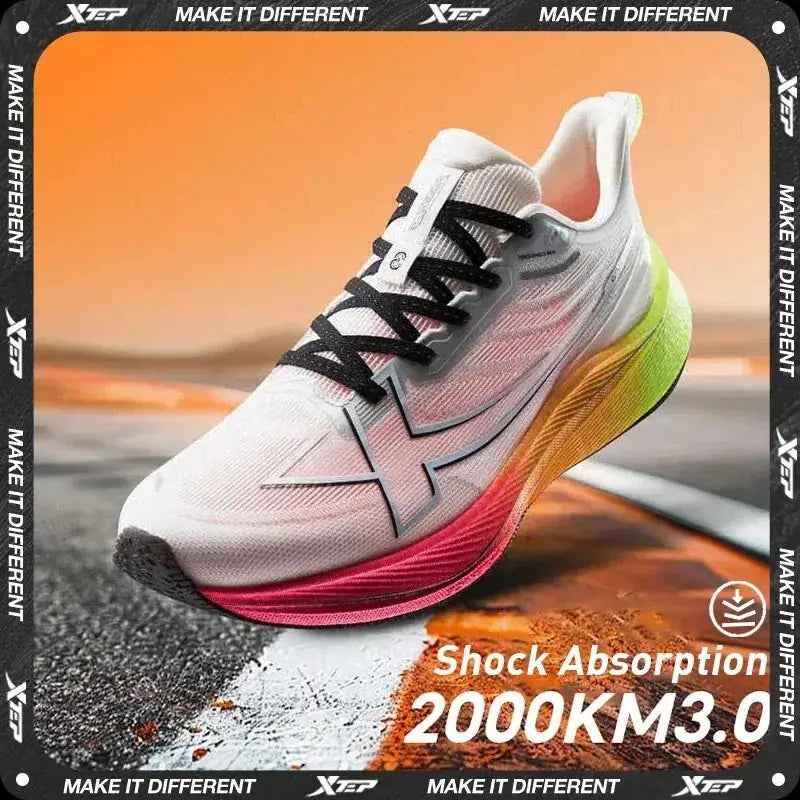 Xtep 2000KM 3.0 men's running shoes, white mesh with gradient pink-to-green sole, cushioning