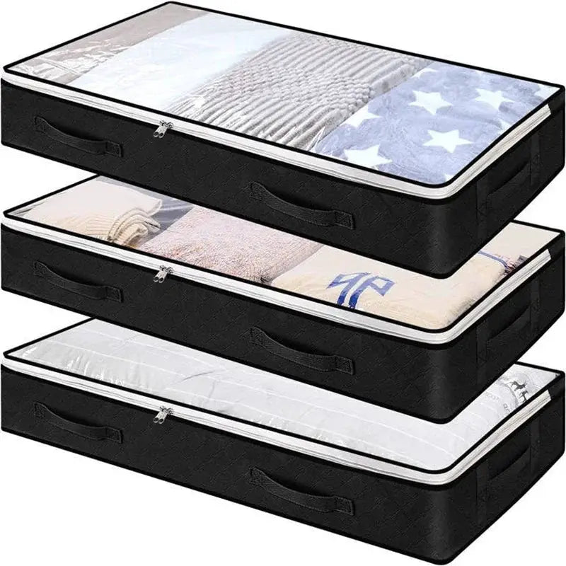 Non-woven underbed quilt storage bags, 4-pack black with clear tops