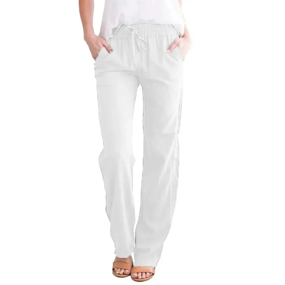 LumaWear Cotton Linen Drawstring Pants For Women Breathable Elastic Waist Casual Trousers With Loose Straight Leg