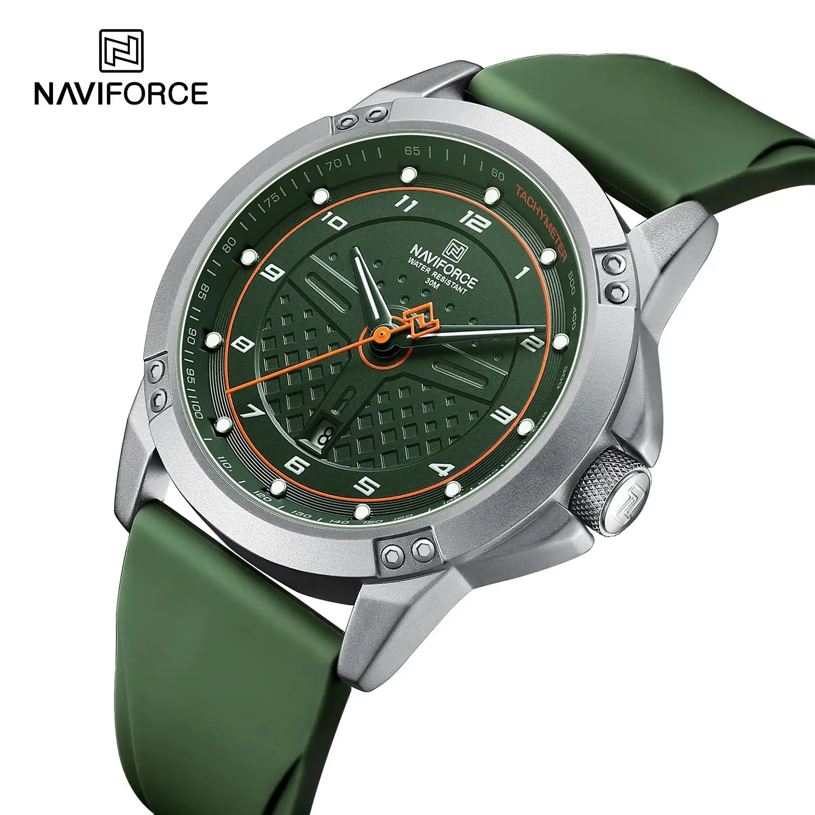 NAVIFORCE casual quartz wristwatch with green dial, orange accents, and green silicone strap; water resistant 30m.