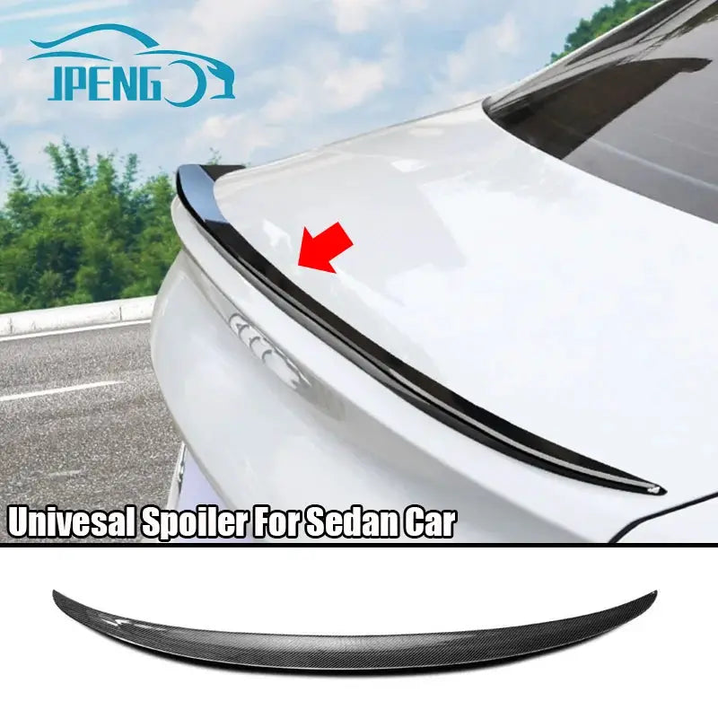 Universal spoiler lip, 121cm carbon fiber look for sedan rear wing; IPENG logo visible