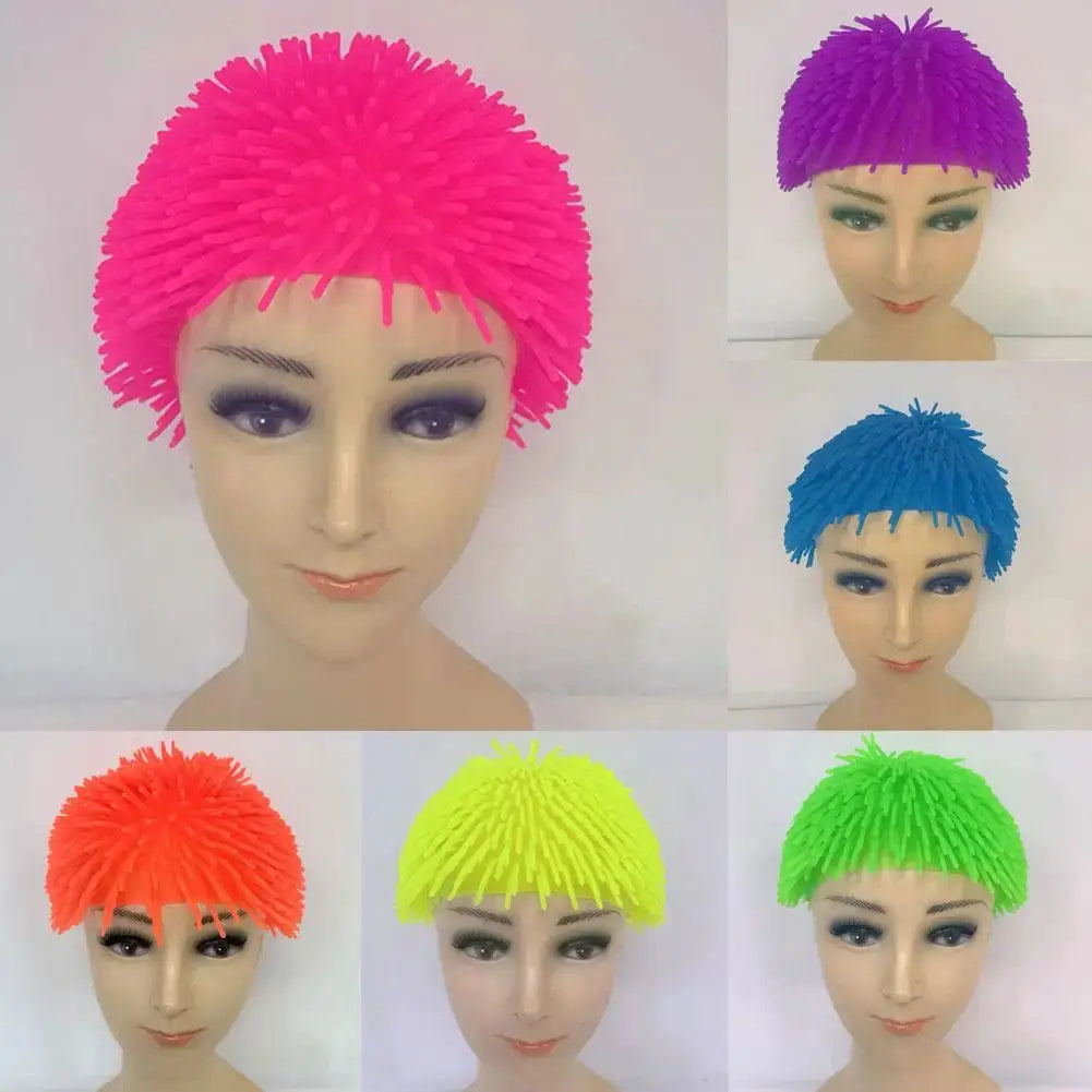 Spiky Ball Prank Hat by Simples Market; six-color soft TPR wig headwear in pink, purple, blue, orange, yellow, green.