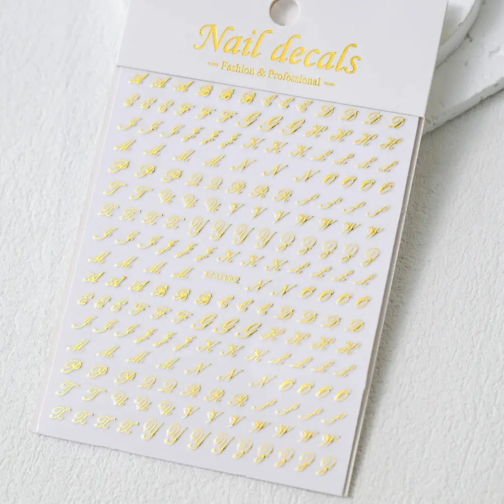 Simples Market gold 3D Roman letter nail stickers sheet with self-adhesive alphabet decals