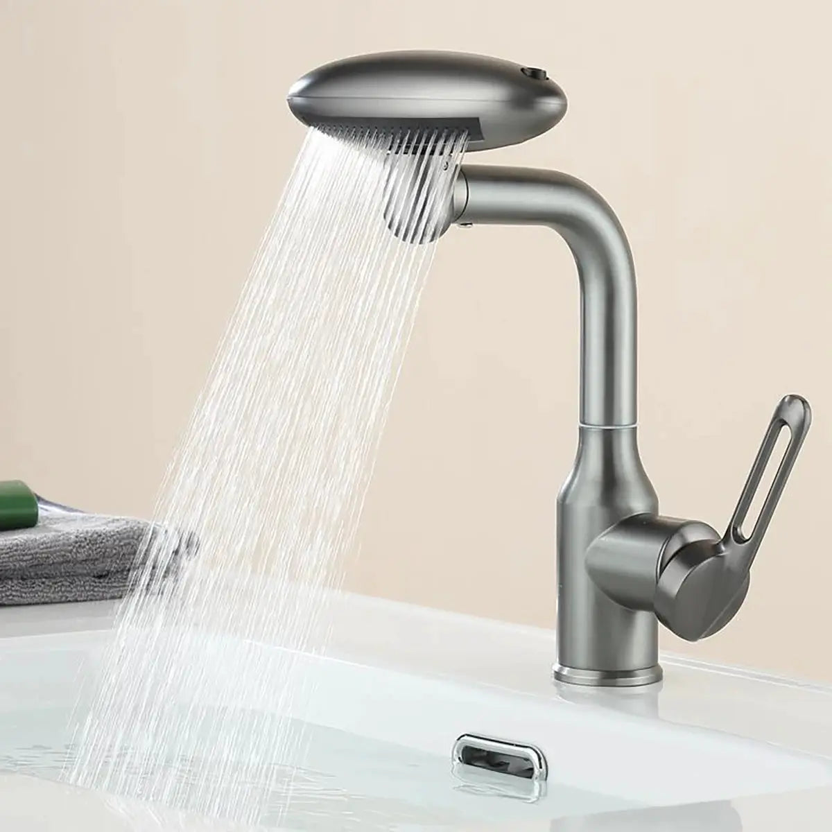 Waterfall basin faucet by Simples Market, 360° rotation, four spray modes, brushed nickel finish