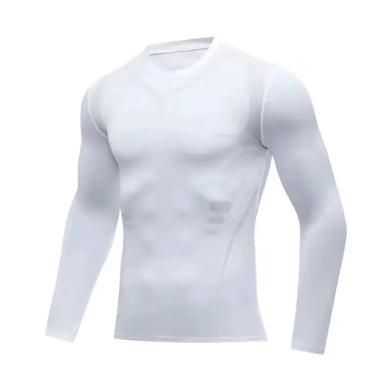 Men's white long-sleeve compression fitness T-shirt, quick-dry gym top for running.