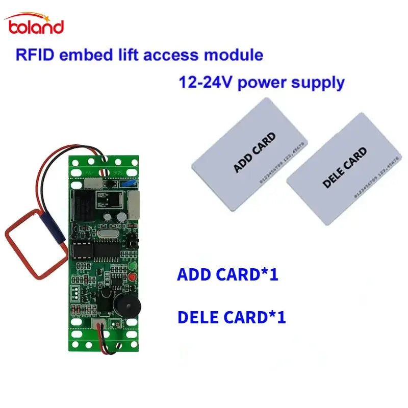RFID door access module with dual-sided reader; green PCB and two grey master cards; Boland logo.
