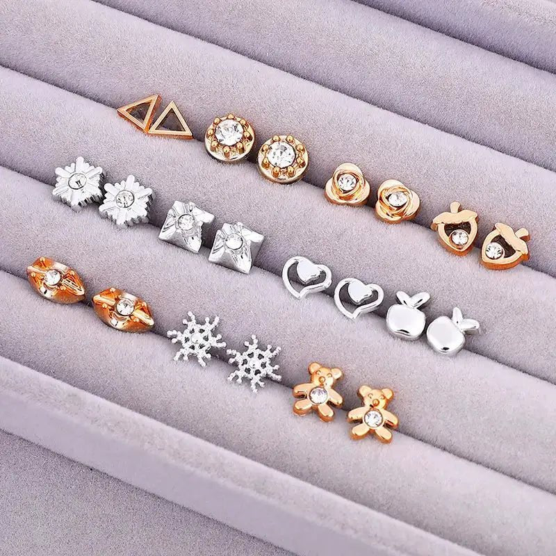 18 Pairs Set Gold Sliver Enamel Pearl Flower Heart Stud Earrings For Women Plastic Butterfly Jewelry Gift Mix Style - Simples Market