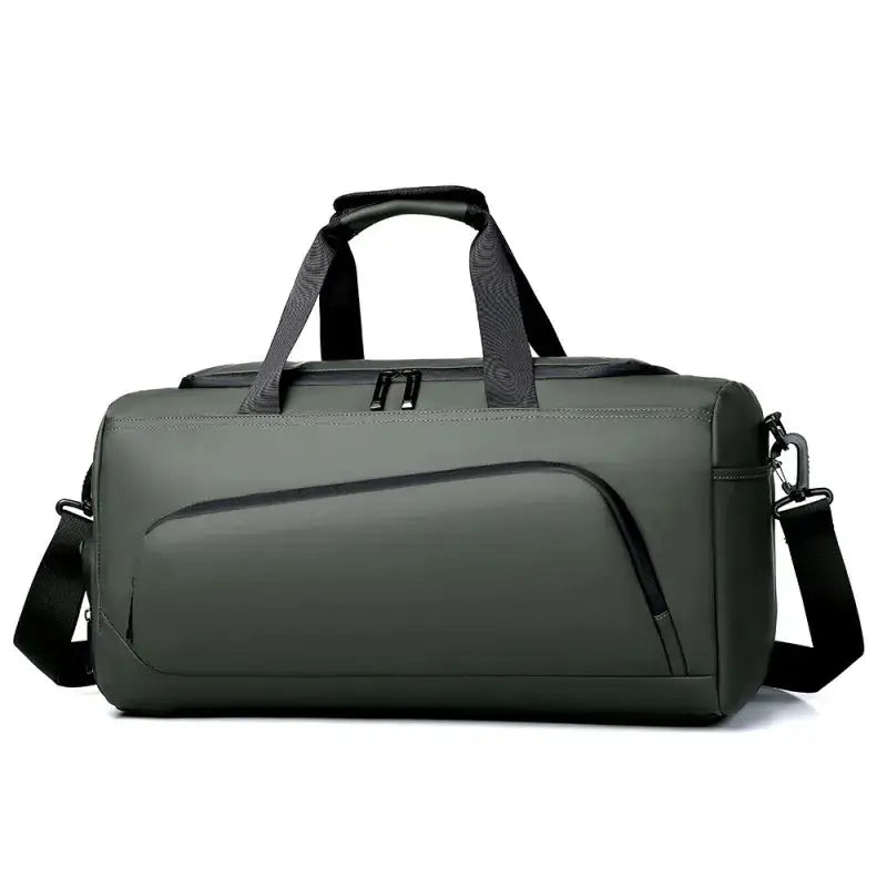 Simples Market large-capacity olive green gym bag with multiple compartments, shoe storage, top handles, and strap