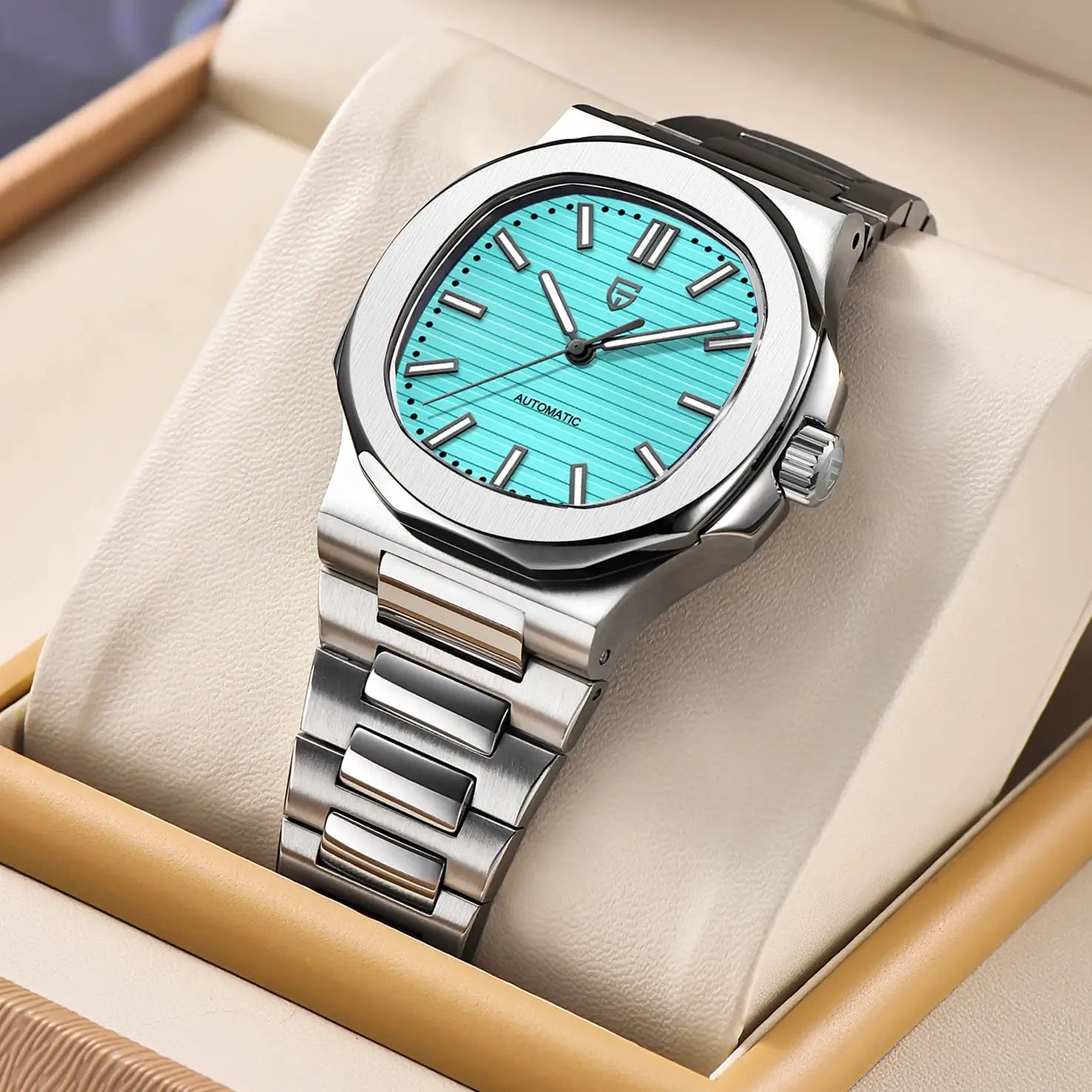 PAGANI DESIGN 40mm men's stainless steel automatic watch with turquoise dial