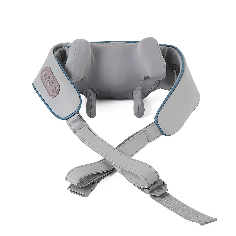Foreverlily 26W neck and shoulder massager, wireless shawl-style, gray with blue trim.