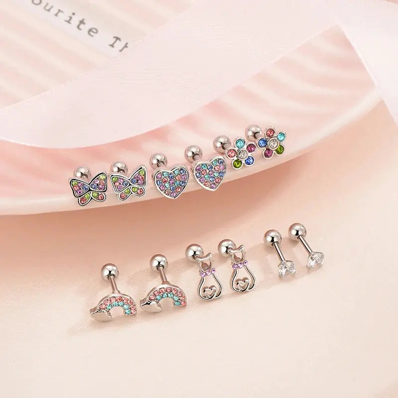 Six Pairs Hypoallergenic Screw Back Earrings For Women Girls 316L Stainless Steel CZ Stud Earrings Set 20G