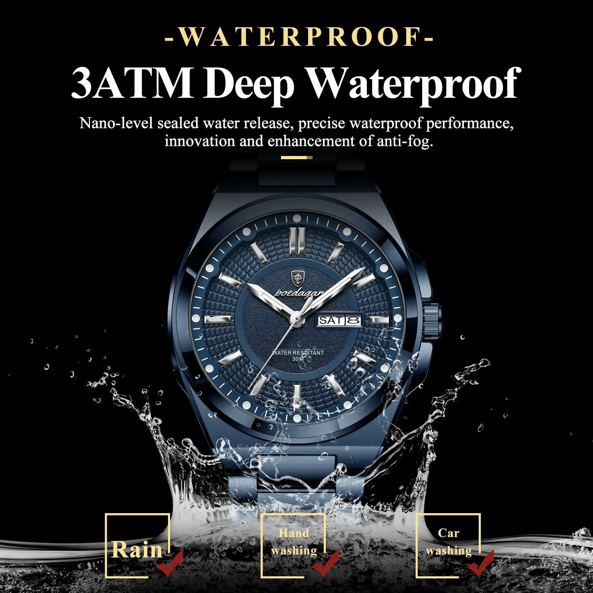 POEDAGAR sport men's blue stainless steel quartz watch with date window, waterproof 3ATM.