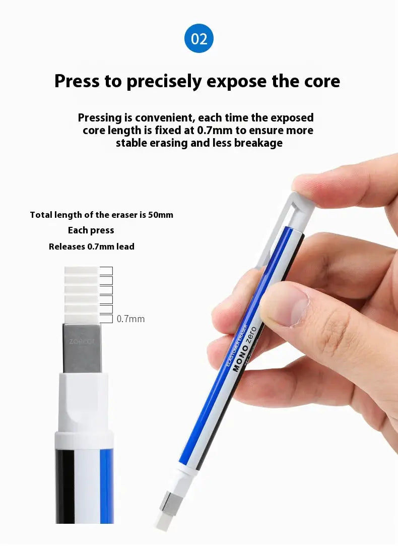 Tombow MONO ZERO eraser pen for artists; refillable metal tip, 50mm length, 0.7mm lead, blue/black barrel