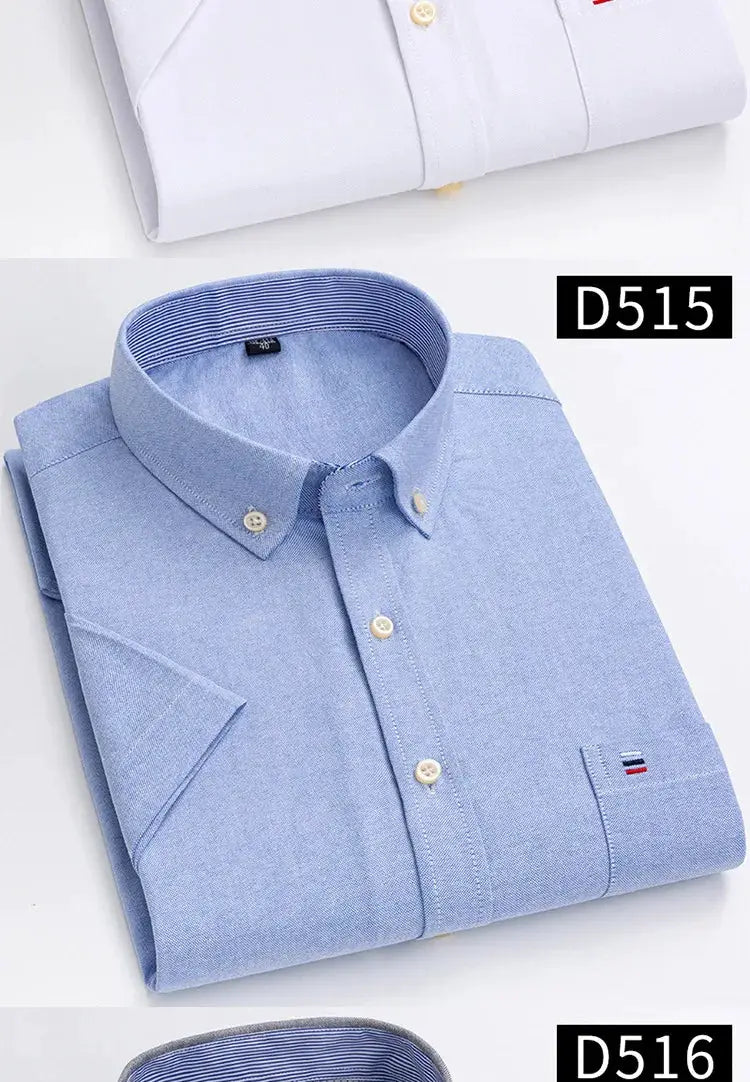 Two Simples Market men's shirts: blue oxford cotton short-sleeve shirt with pocket and white shirt visible in background