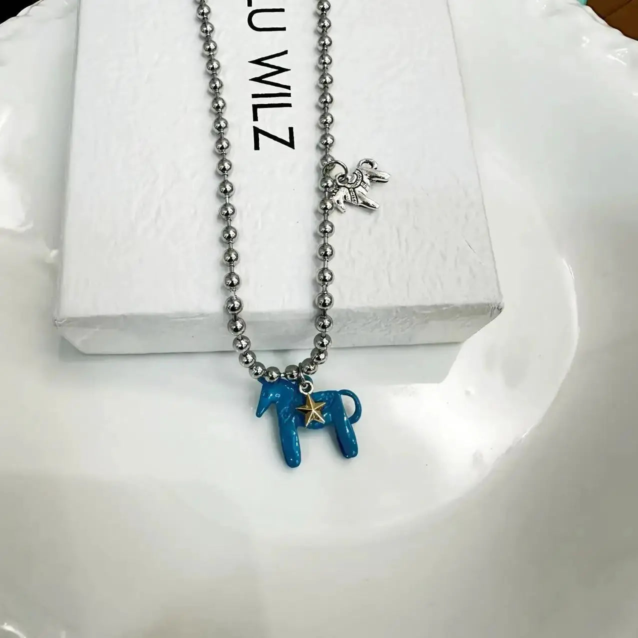 LATS Enamel Colt Horse Pendant Necklace For Women Colorful Silver Plated Alloy Beads Chain Choker