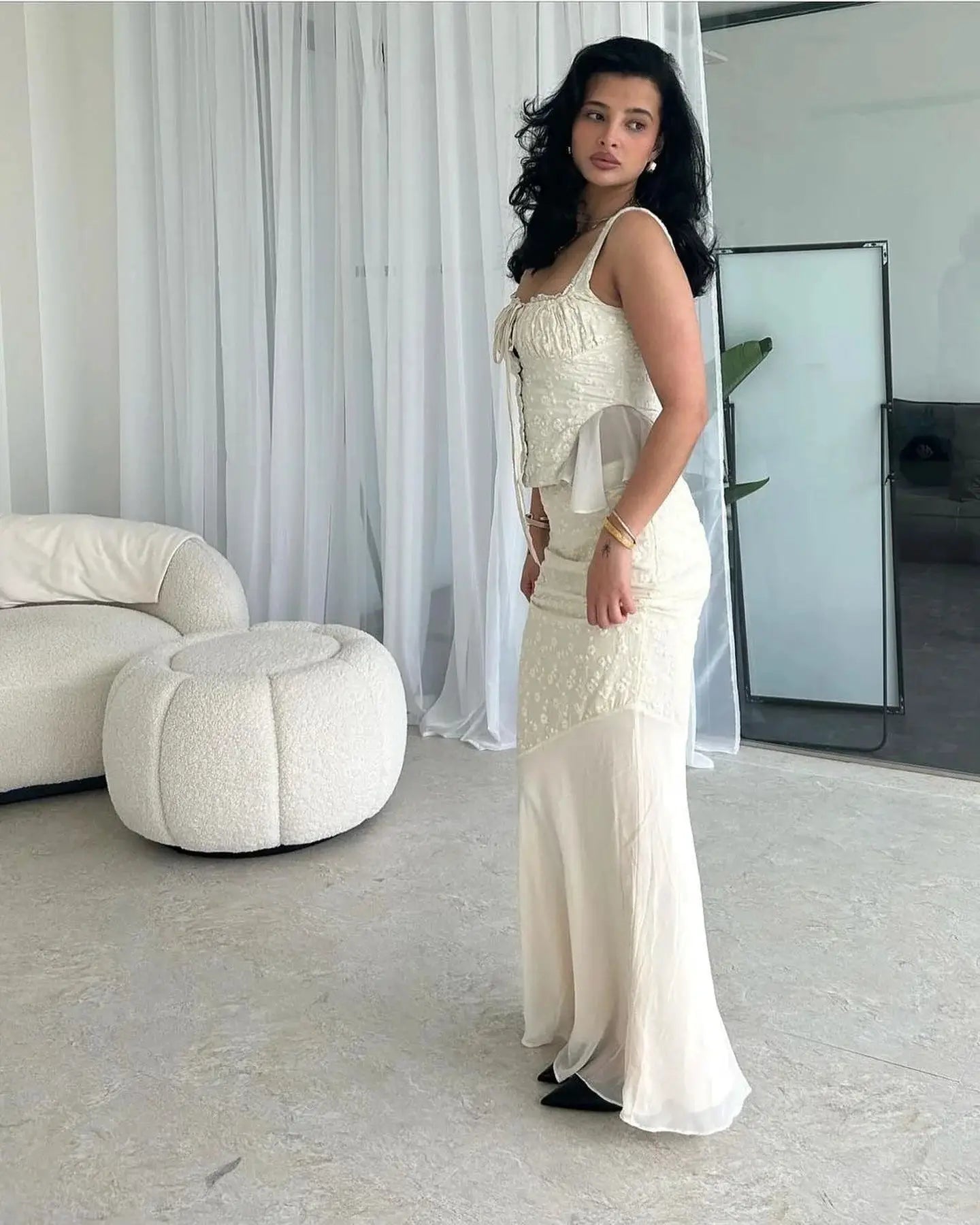 Minigmingxi 2024 Summer Beige Two Piece Dress Set Mermaid Skirt